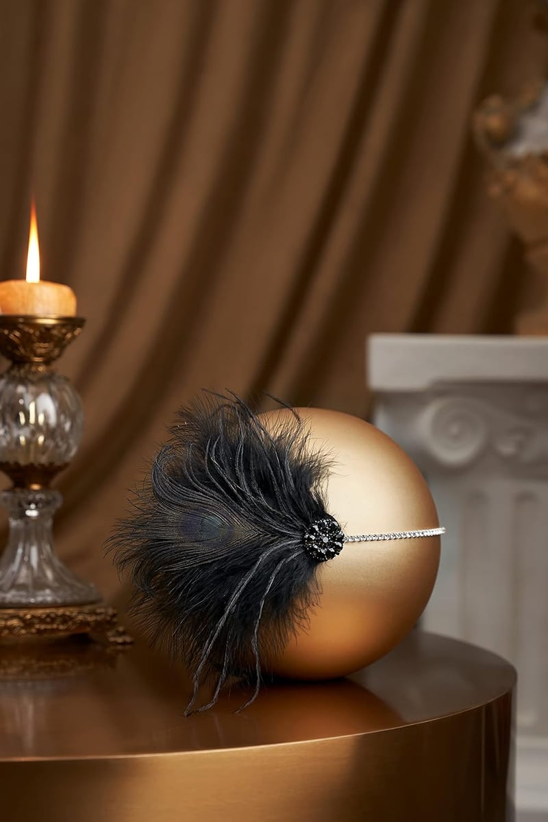 BABEYOND 1920-as Évek Fekete Tollpántos Hajpánt Női Charleston Flapper Stílus Great Gatsby Jelmez Kiegészítő Strasszkővel