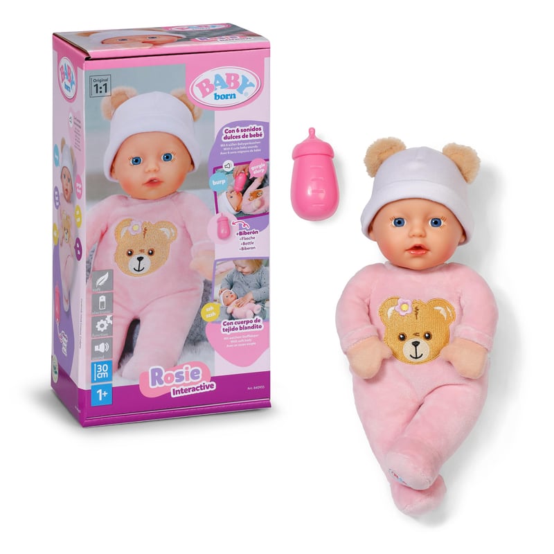 Mäkká bábika Baby Born Rosie 30 cm so 6 zvukmi a fľašou, interaktívna plyšová bábika od 1 roka