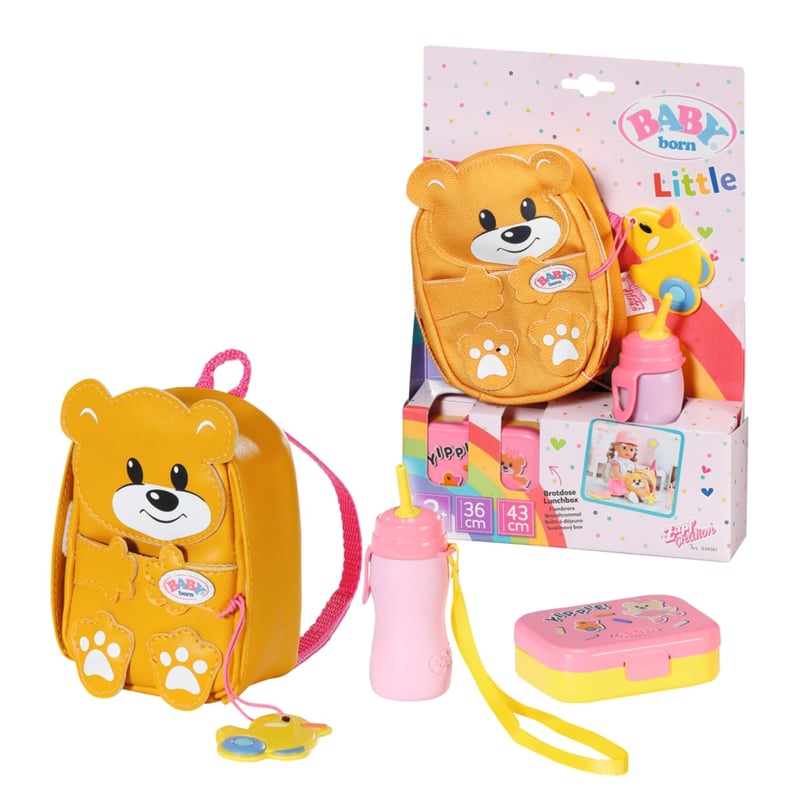 Ruksak pre bábiku BABY Born Zapf Creation v tvare medvedíka s desiatovým boxom a fľašou - žltý - 36 cm