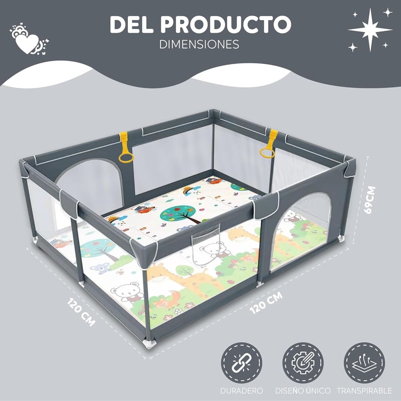 Baby Playpen 120x120 cm összecsukható játszópen szürke szőnyeggel és légáteresztő hálóval