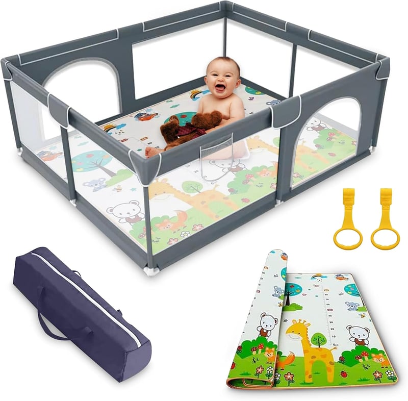 Baby Playpen 120x120 cm összecsukható játszópen szürke szőnyeggel és légáteresztő hálóval