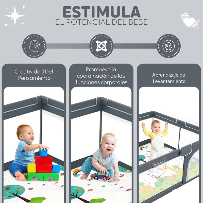 Baby Playpen 120x120 cm összecsukható játszópen szürke szőnyeggel és légáteresztő hálóval