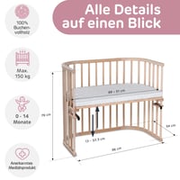 Detská prístelka a postieľka babybay Maxi Extra veľká z masívneho bukového dreva, nastaviteľná výška, prírodný neošetrený povrch, rastúca detská posteľ 6