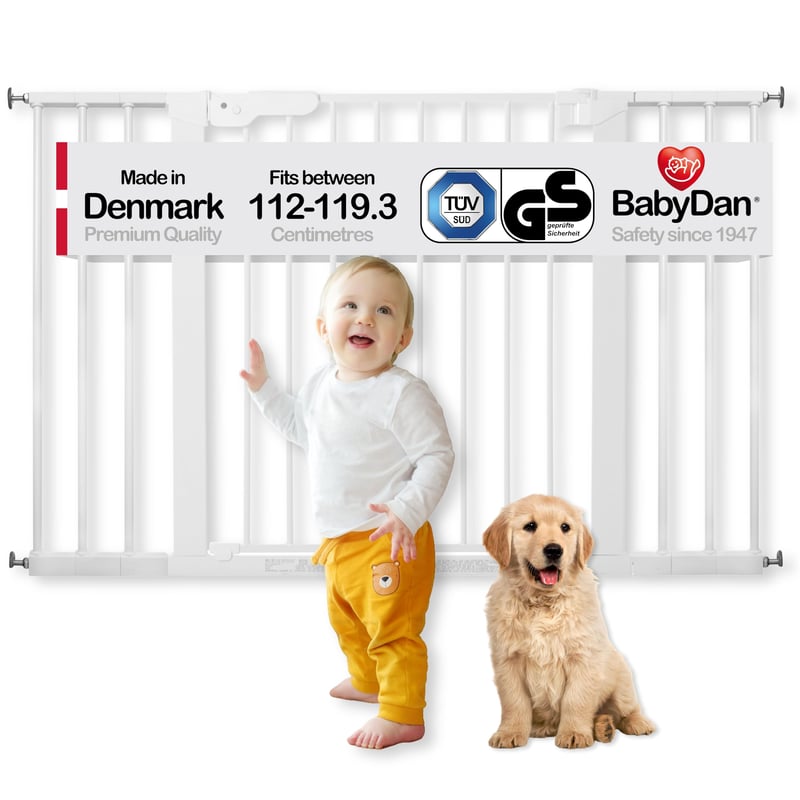 BabyDan Premier extra široká tlaková bezpečnostná zábrana 112-119,3 cm biela kovová zábrana na schody detská zábrana