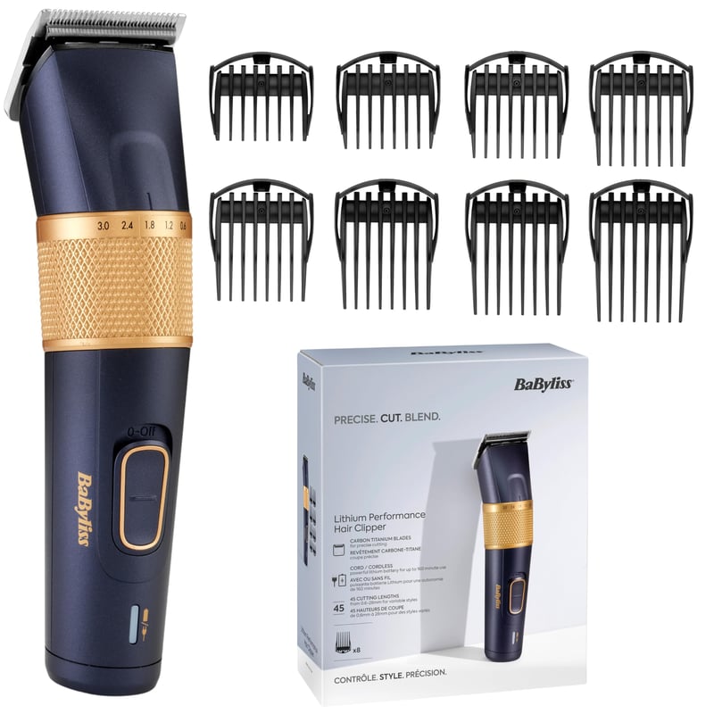 Mașină de tuns cu acumulator BaByliss E986E Lithium Performance - 45 setări de lungime (0,6-28 mm), 8 accesorii pieptene, albastru închis/auriu