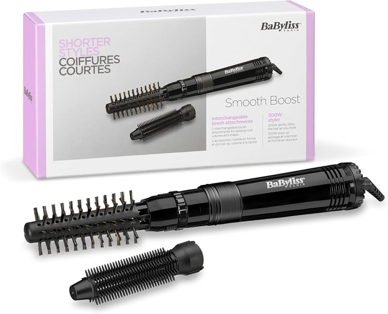 BaByliss Smooth Boost 668E Elektromos Hajformázó Kefe - 2 Cserélhető Fejjel, Kettős Feszültséggel, Utazáshoz, 300W, Fekete