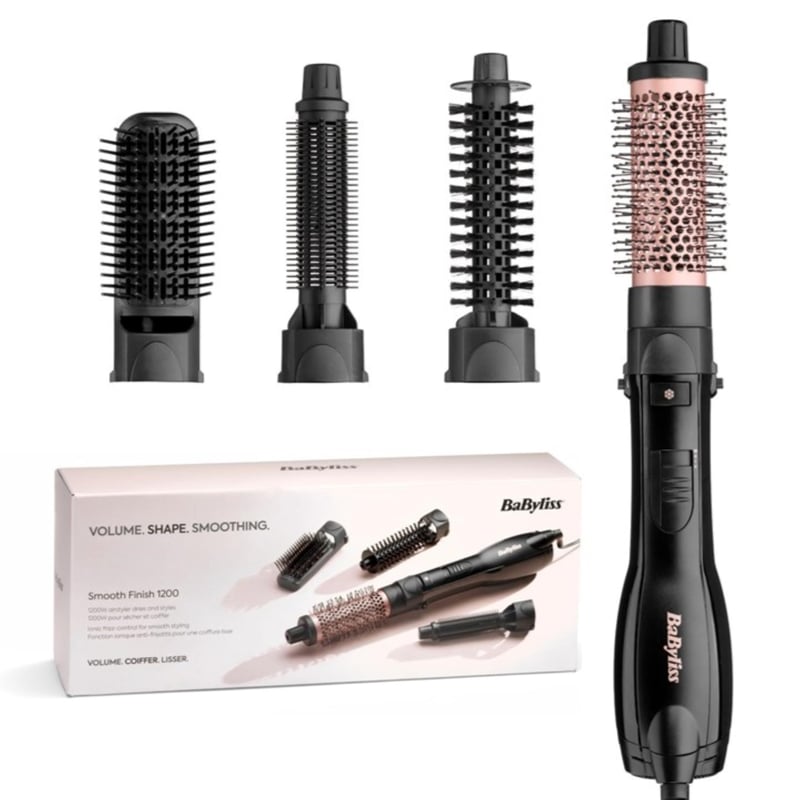 Perie cu aer cald 4 în 1 BaByliss Smooth Finish 1200 AS122E pentru uscare și coafare, tehnologie ionică și ceramică, 4 accesorii, 1200W, negru/roz