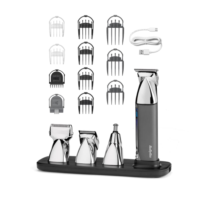 Trimmer multifuncțional 15-în-1 BaByliss Super-X Metal MT996E - Set trimmer fără fir pentru barbă și părul din nas, rezistent la apă, pentru bărbați, argintiu