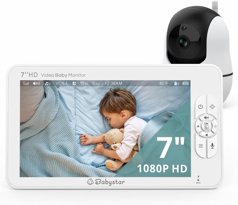 Babystar Bébiőr 7" IPS Kijelzővel - 1080P HD Kamera, 360° Forgatható, Éjjellátó, Kétirányú Hang, 22 Órás Akkumulátor, Hőmérséklet Figyelés, 