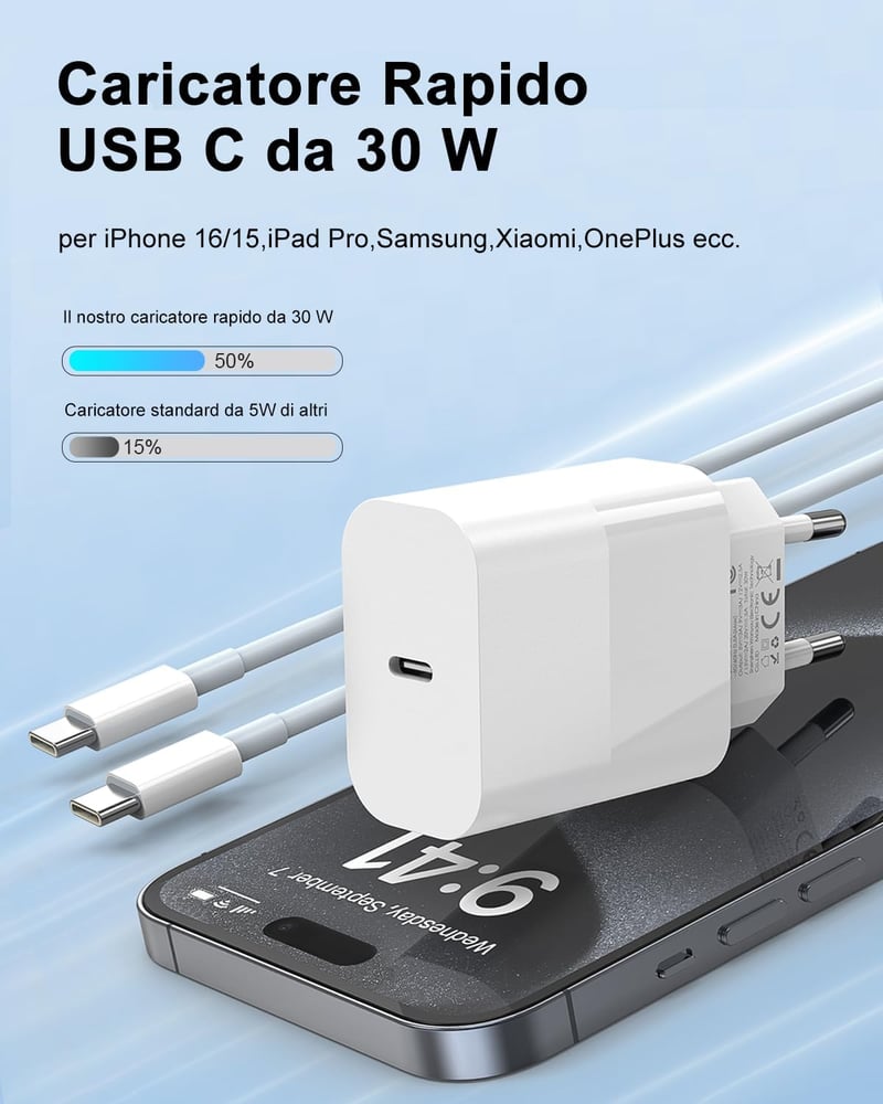 Amoner 30W USB-C Gyorstöltő + 2m Kábel - iPhone 16/15, Samsung S24/S23, iPad Kompatibilis PD 3.0 Hálózati Adapter Xiaomi Telefonokhoz
