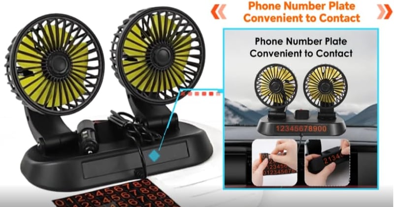 Baceyong 12V Dupla Fejes Autós Ventilátor Szivargyújtó Csatlakozóval - 360° Vízszintes, 180° Függőleges Forgatható, Teherautóba, SUV-ba