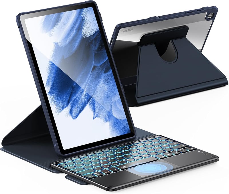 Samsung Galaxy Tab A9+ 360°-os forgatható tok világító német billentyűzettel, kék