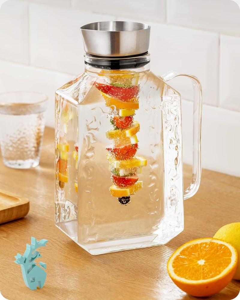 Baffect Üveg Kancsó Fedéllel és Gyümölcstartóval - 1,75 L Hőálló Boroszilikát Vizes Kancsó Szangriához, Limonádéhoz, Hideg-Meleg Italokhoz