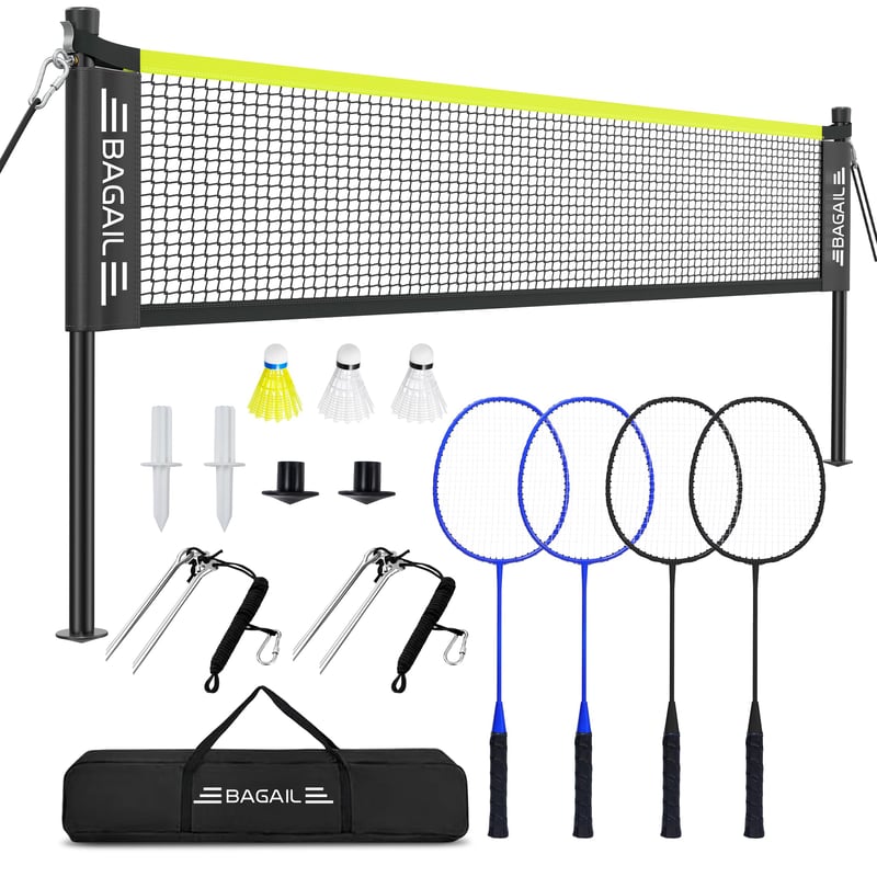 BAGAIL Profesionálna bedmintonová sieť – 6,1 x 1,55 m, súťažný rozmer, PE sieť, so 4 raketami, 3 košíkmi a prenosnou taškou
