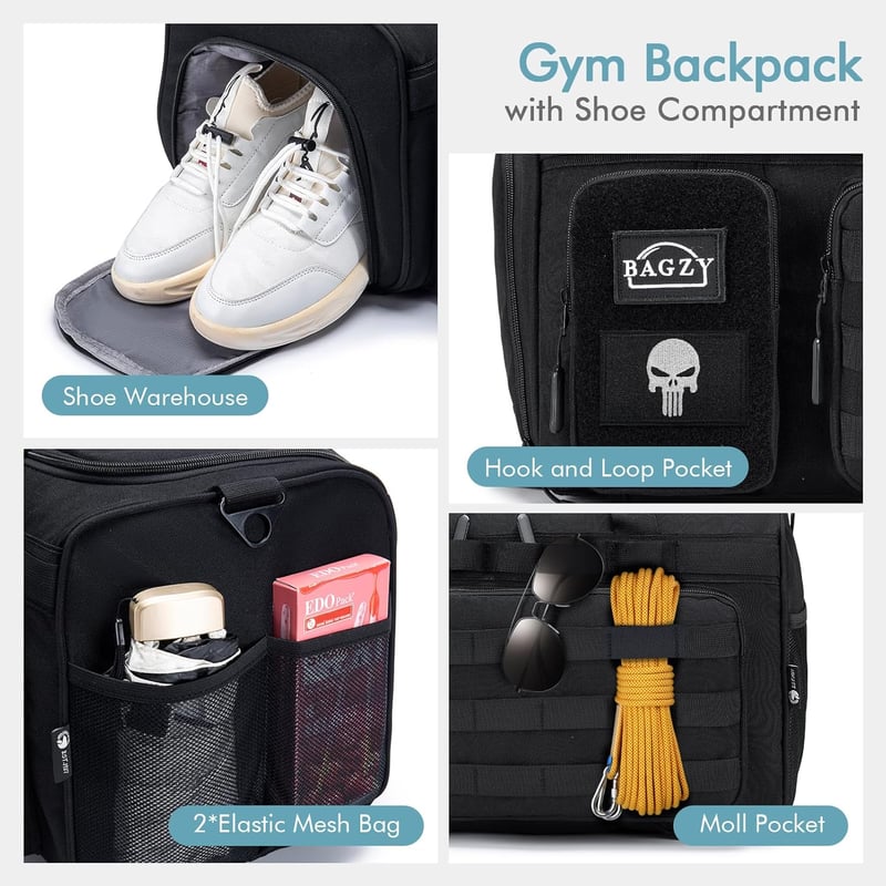 BAGZY 40L Taktikai Utazótáska Cipőrekesszel Sporttáska Hátizsák Edzéshez Munkához - 40L, Black