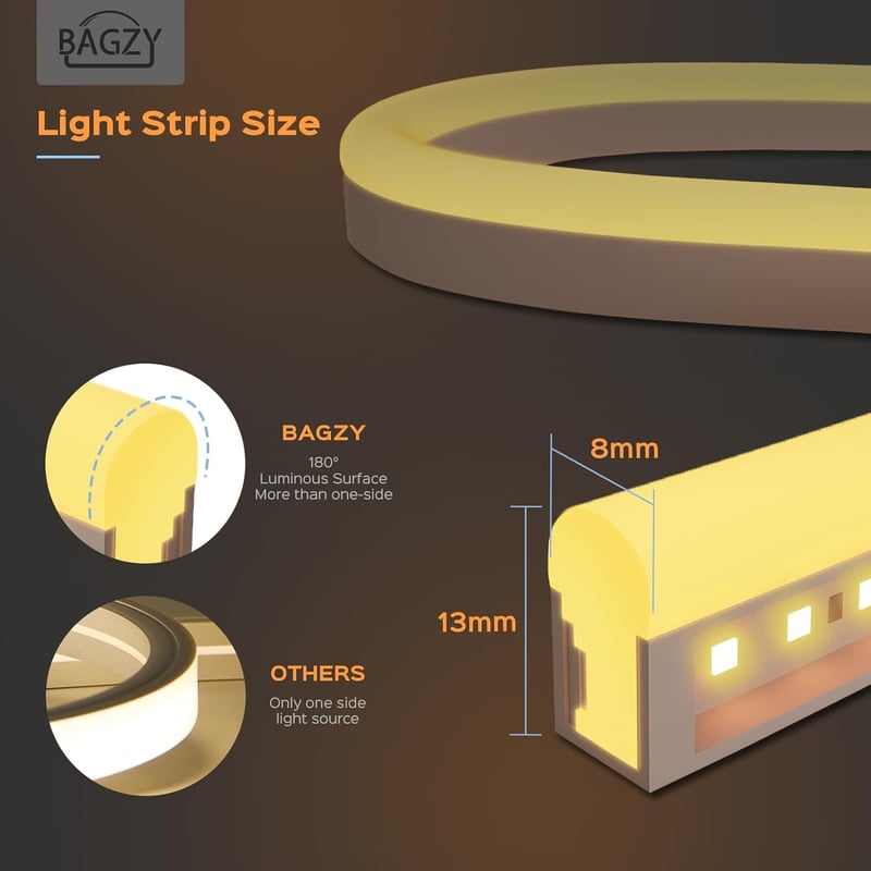 BAGZY Neon LED Szalag 20m Sárga Vízálló IP65 Kültéri Beltéri Használatra 120 LED/m Hajlítható Dekoráció Tápegységgel