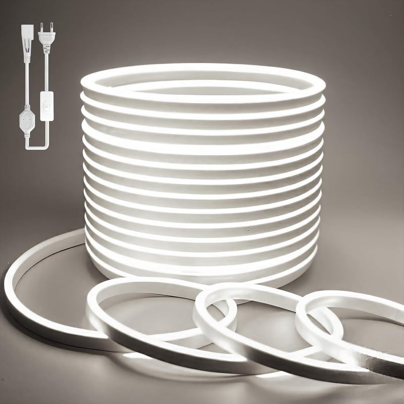 BAGZY Neon LED Szalag 50m - Kültéri Vízálló 230V Fehér Világítás, 120 LED/m, Hajlítható Dekorációs Fényfüzér Karácsonyra, Partikra, Tápegysé