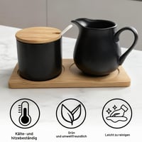 Set BAIFULAI din ceramică neagră pentru lapte și zahăr, cu capac și linguriță, latieră, zaharniță și tăviță din lemn 4