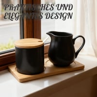 Set BAIFULAI din ceramică neagră pentru lapte și zahăr, cu capac și linguriță, latieră, zaharniță și tăviță din lemn 3