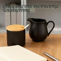 Set BAIFULAI din ceramică neagră pentru lapte și zahăr, cu capac și linguriță, latieră, zaharniță și tăviță din lemn 5