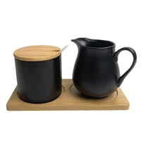 Set BAIFULAI din ceramică neagră pentru lapte și zahăr, cu capac și linguriță, latieră, zaharniță și tăviță din lemn 1