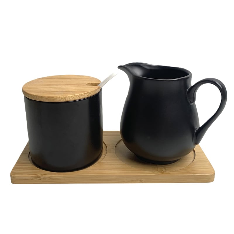 Set BAIFULAI din ceramică neagră pentru lapte și zahăr, cu capac și linguriță, latieră, zaharniță și tăviță din lemn