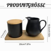 Set BAIFULAI din ceramică neagră pentru lapte și zahăr, cu capac și linguriță, latieră, zaharniță și tăviță din lemn 2