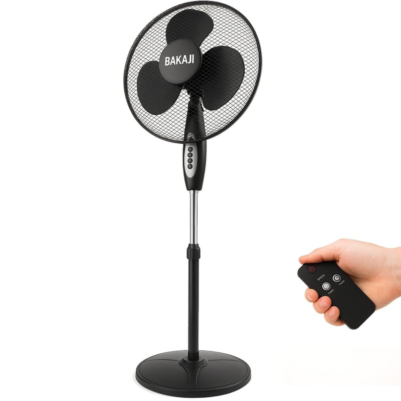 Stĺpový ventilátor BAKAJI 45W, priemer lopatiek 40 cm, 3 rýchlosti, nastaviteľná výška, horizontálna oscilácia, s diaľkovým ovládaním, čierny