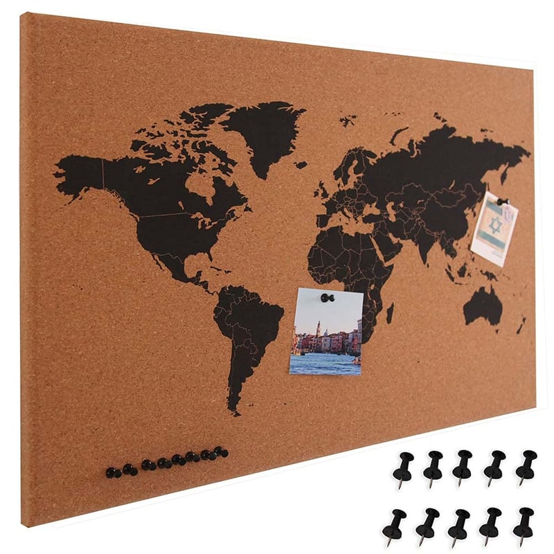 BAKAJI Parafatábla Világtérkép Fa Kerettel 60x40 cm, 10 Rajzszöggel, Modern Design, Fali Dekoráció, Ajándékötlet