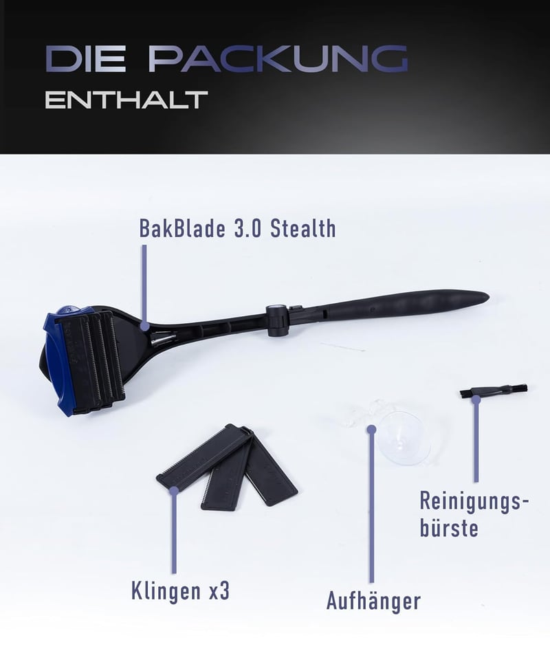 BakBlade 3.0 Stealth férfi háti borotvá hosszú ergonomikus nyéllel fájdalommentes borotválkozáshoz - matte black