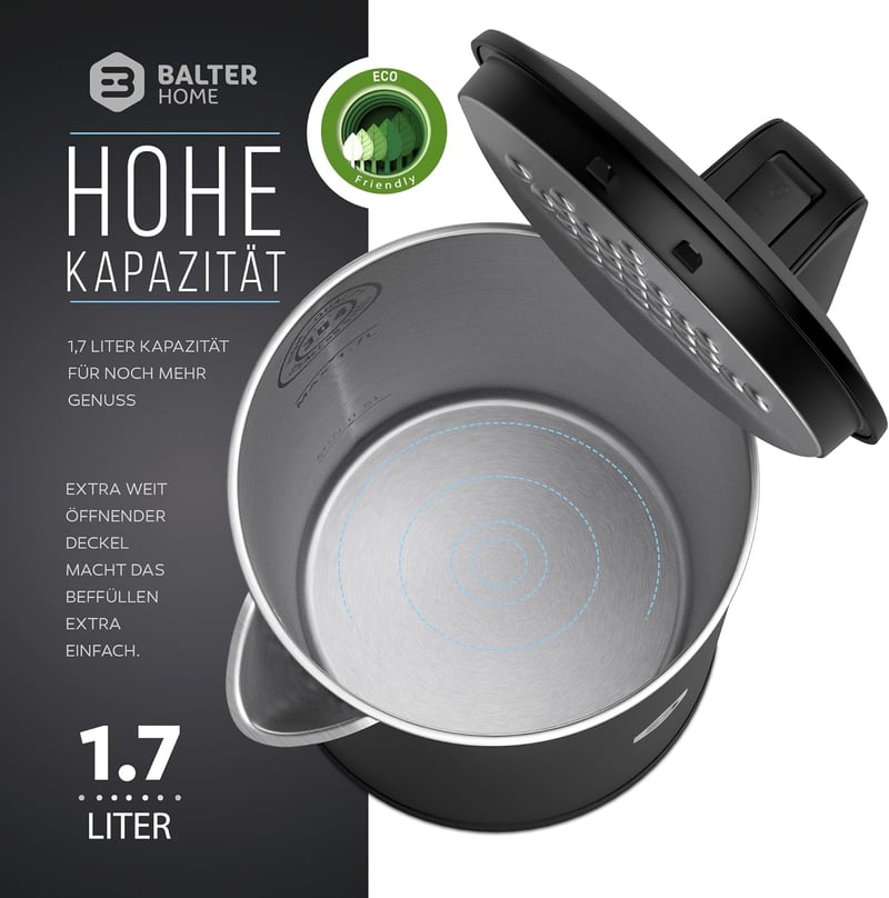 Balter WK-4 Rozsdamentes Elektromos Vízforraló 1.7L Dupla Falú LED Fekete