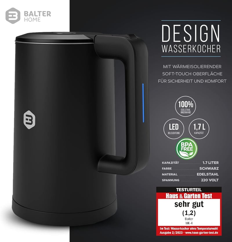 Balter WK-4 Rozsdamentes Elektromos Vízforraló 1.7L Dupla Falú LED Fekete