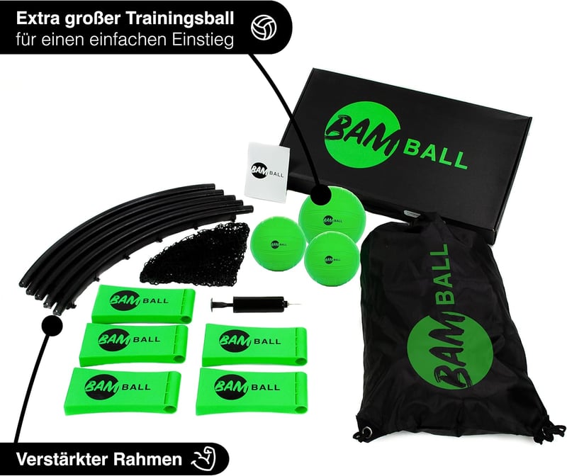 bamball Roundnet szett 3 labdával (1 edző és 2 játéklabda) extra pumpával, erősített keretelemekkel, tornatáskában