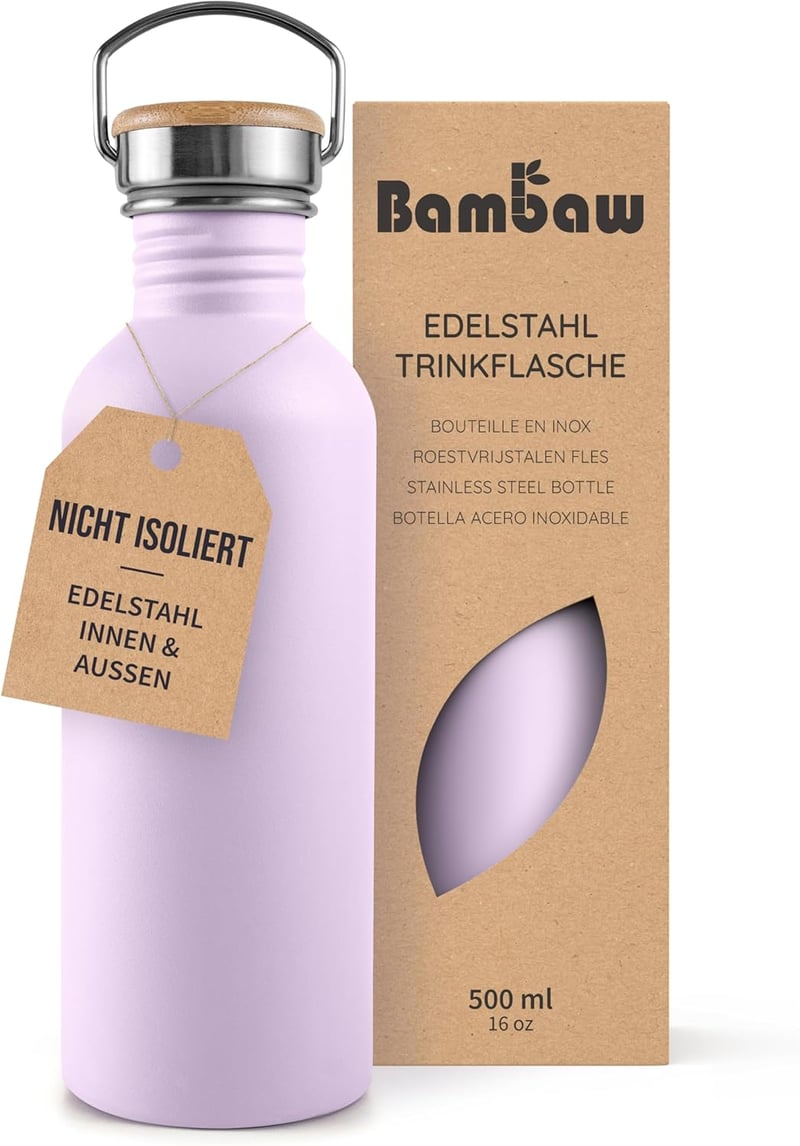 Bambaw Rozsdamentes Acél Kulacs 500ml - Lila Színű, Széles Szájú, BPA-mentes Ivópalack, Nem Hőszigetelt Fém Vizes Palack Gyerekeknek