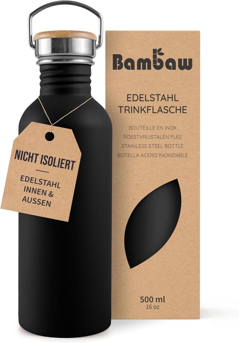 Bambaw Rozsdamentes Acél Kulacs 500ml - Széles Nyakú Fekete Ivópalack Gyerekeknek, Műanyagmentes, Szivárgásmentes Fém Vizespalack Túrázáshoz