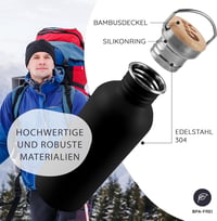 Bambaw Rozsdamentes Acél Kulacs 500ml - Széles Nyakú Fekete Ivópalack Gyerekeknek, Műanyagmentes, Szivárgásmentes Fém Vizespalack Túrázáshoz 2