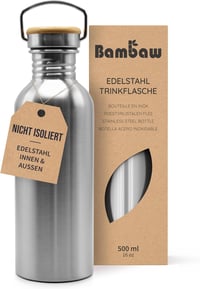 Bambaw Rozsdamentes Acél Kulacs 500ml - Szivárgásmentes Ivópalack Kempinghez, Túrázáshoz - Környezetbarát BPA-mentes Fém Sportpalack Bambusz 1