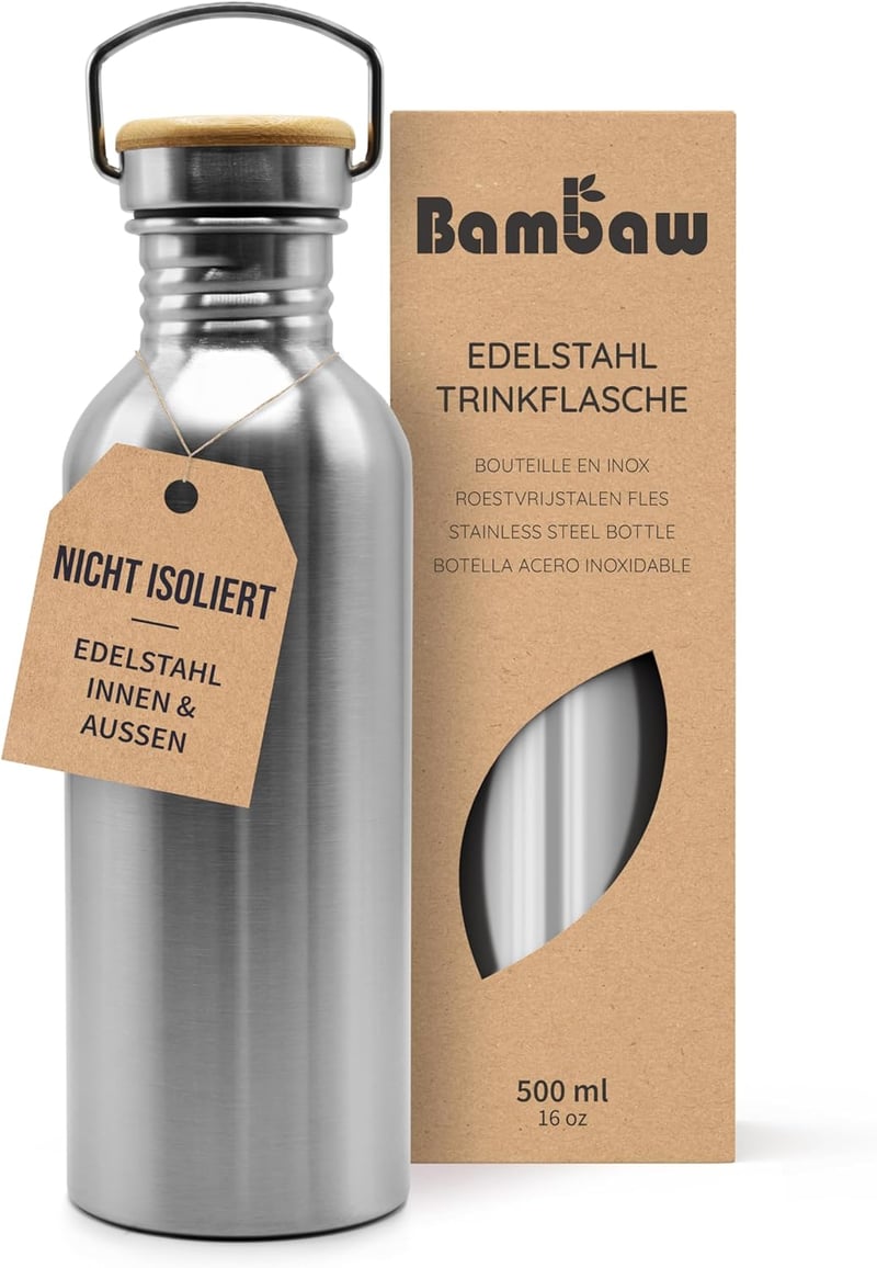 Bambaw Rozsdamentes Acél Kulacs 500ml - Szivárgásmentes Ivópalack Kempinghez, Túrázáshoz - Környezetbarát BPA-mentes Fém Sportpalack Bambusz