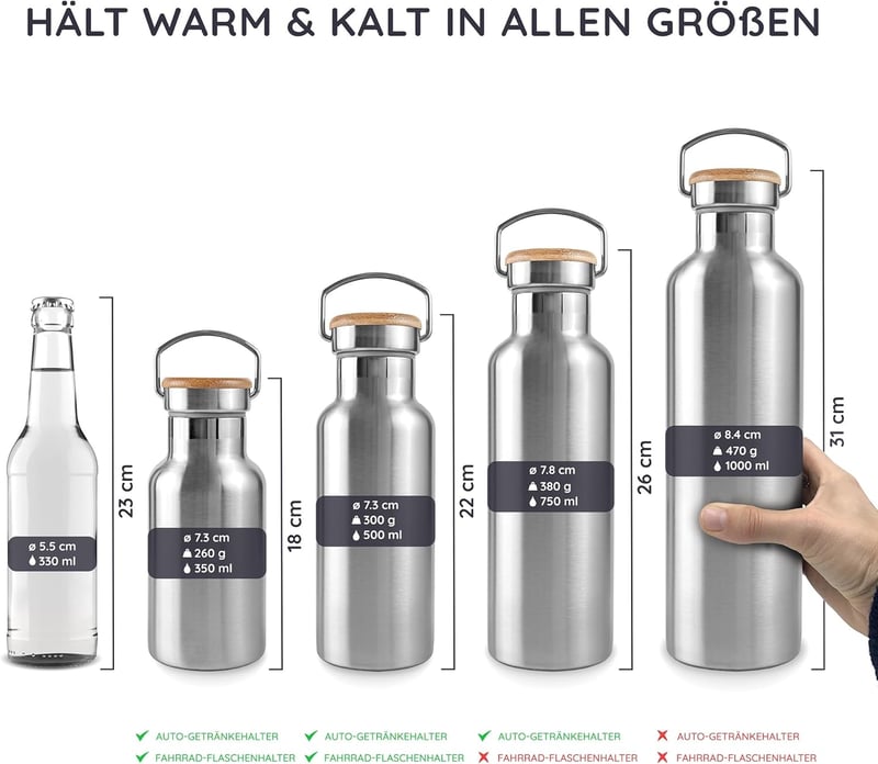 Bambaw Rozsdamentes Acél Termosz 750ml - Szigetelt Kulacs Hideg-Meleg Italokhoz, Szivárgásmentes, BPA-mentes, Mosogatógépben Mosható, Bambus - Silver