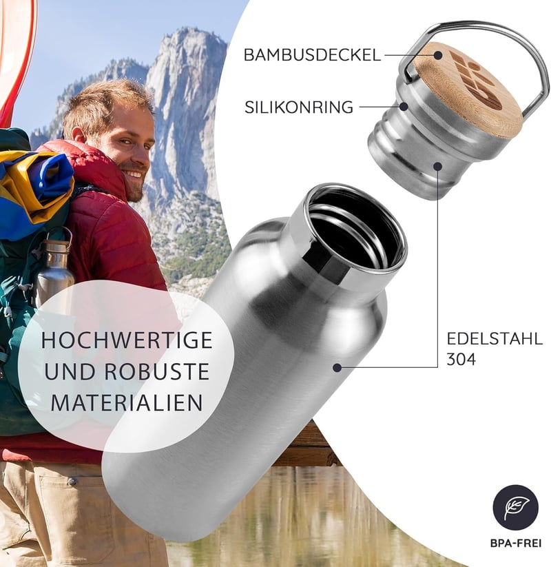 Bambaw Rozsdamentes Acél Termosz 750ml - Szigetelt Kulacs Hideg-Meleg Italokhoz, Szivárgásmentes, BPA-mentes, Mosogatógépben Mosható, Bambus - Silver