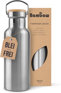 Bambaw Rozsdamentes Acél Termosz 750ml - Szigetelt Kulacs Hideg-Meleg Italokhoz, Szivárgásmentes, BPA-mentes, Mosogatógépben Mosható, Bambus - Silver 1