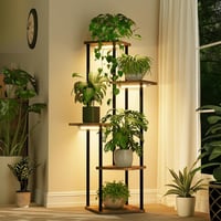 Suport pentru plante de interior Bamworld cu 5 niveluri, cu lampă pentru plante, din MDF și metal, cu lumină caldă, pentru plante în ghiveci, pentru sufragerie sau balcon 1
