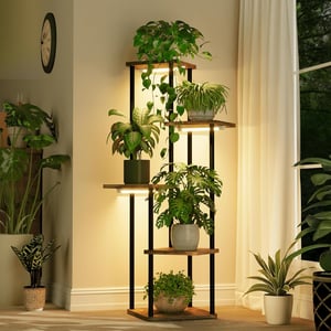 Suport pentru plante de interior Bamworld cu 5 niveluri, cu lampă pentru plante, din MDF și metal, cu lumină caldă, pentru plante în ghiveci, pentru sufragerie sau balcon