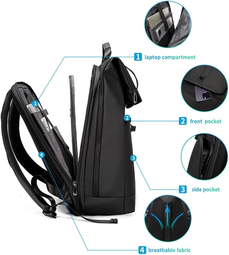 BANGE 2888 Roll Top Hátizsák 15,6" Laptophoz - Vízálló, Lopásbiztos Táska Utazáshoz, Túrázáshoz, Iskolába és Munkába - Fekete