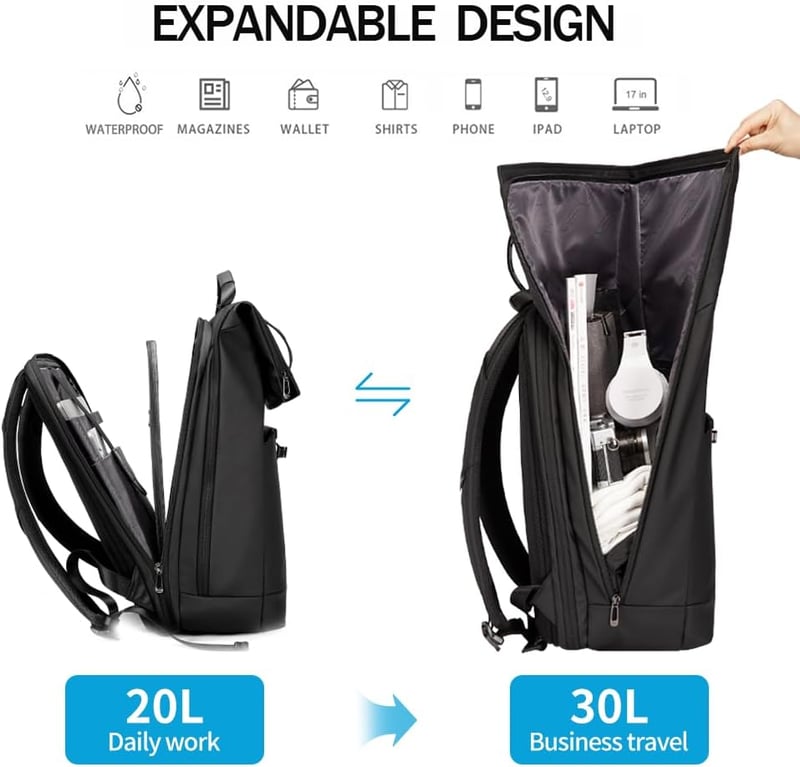 BANGE 2888 Roll Top Hátizsák 15,6" Laptophoz - Vízálló, Lopásbiztos Táska Utazáshoz, Túrázáshoz, Iskolába és Munkába - Fekete