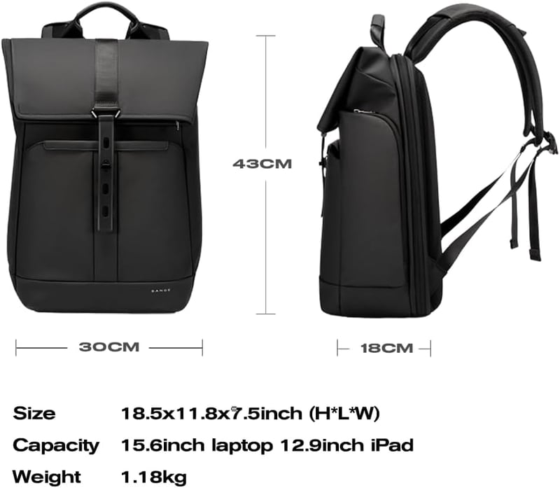 BANGE 2888 Roll Top Hátizsák 15,6" Laptophoz - Vízálló, Lopásbiztos Táska Utazáshoz, Túrázáshoz, Iskolába és Munkába - Fekete