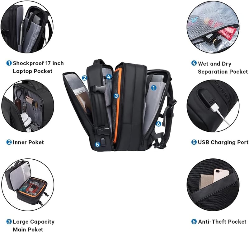 BANGE Utazó Hátizsák, Kézipoggyász Méretű Táska, Átalakítható Sporttáska 17,3 Colos Laptophoz, Unisex Túrahátizsák