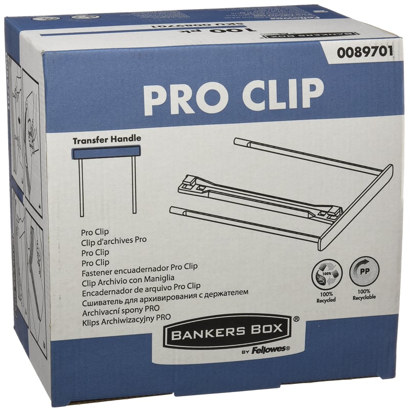 Cleme de arhivare Bankers Box ProClip cu braț de 100 mm și șină de îndosariere, 100% plastic reciclat, alb, 100 bucăți