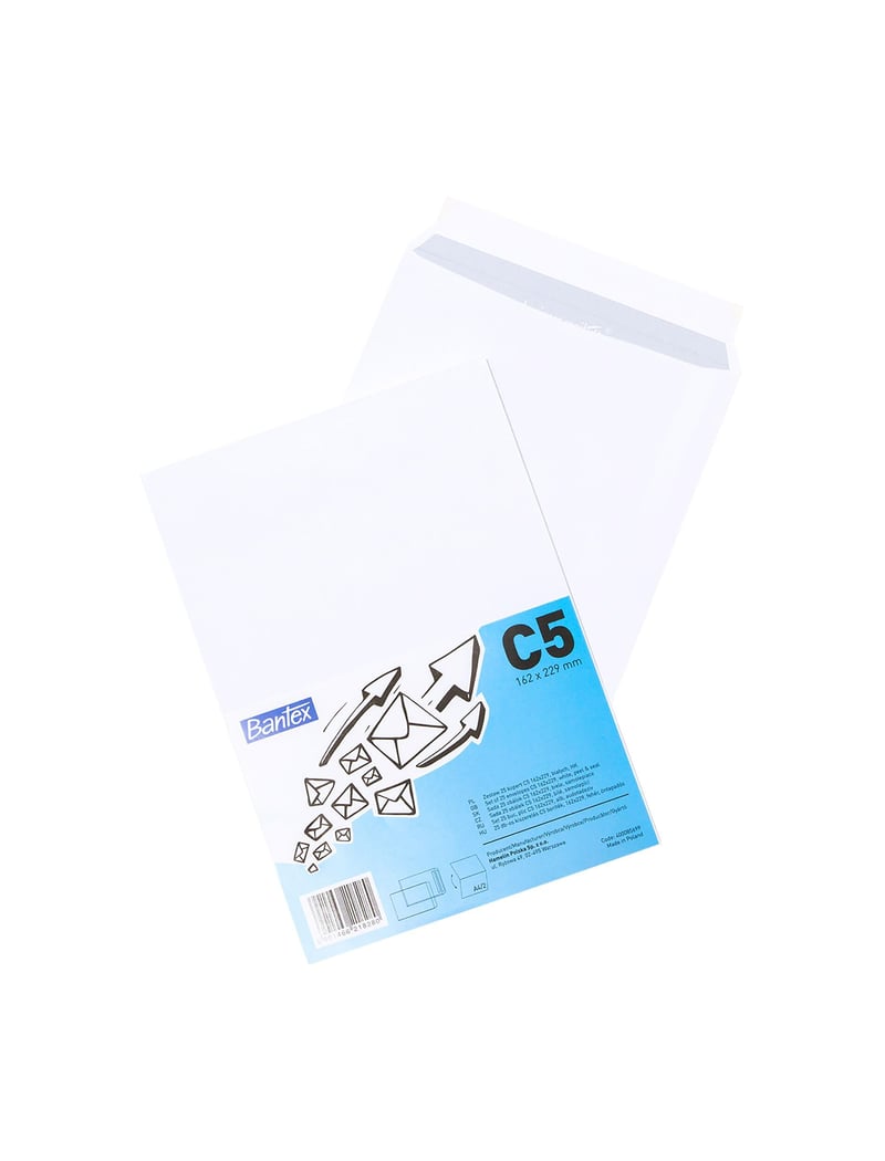 Obálka Bantex DIN C5 (22,9 x 16,2 cm), biela, so samolepiacim pásikom, balenie 25 ks vo fólii