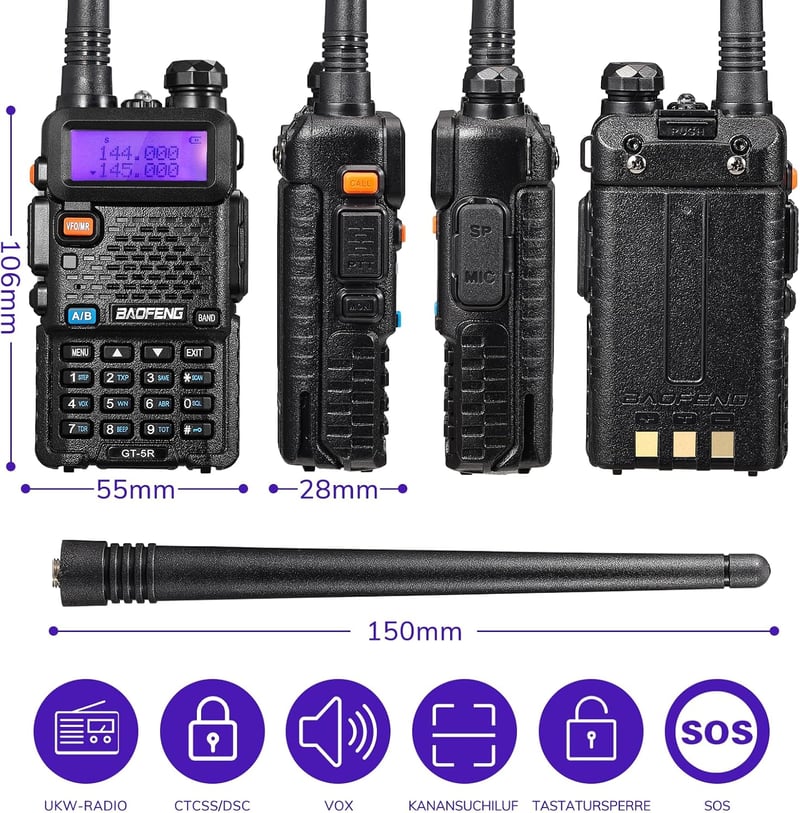 BAOFENG GT-5R Walkie Talkie 2db Duál Sávos Rádió UHF VHF 128 Csatorna 1800mAh